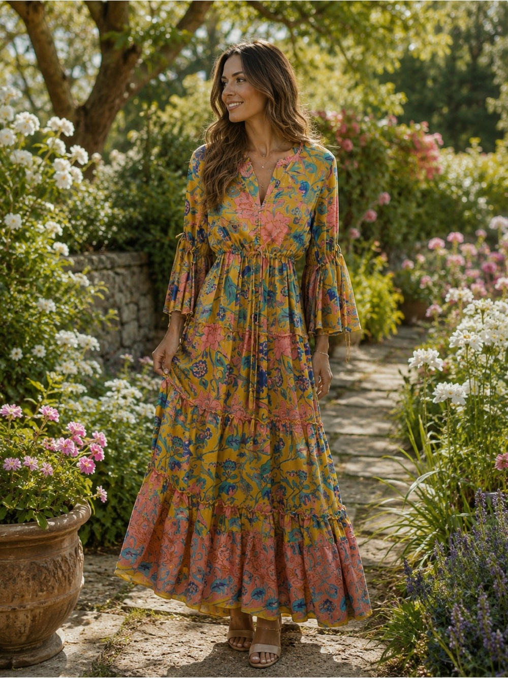 Vibrant Floral Maxi Dress with Bell Sleeves